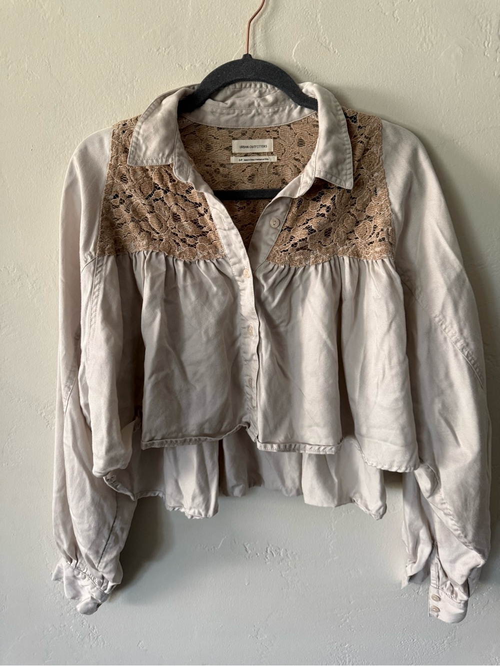 Urban Outfitters Beige Lace Yoke Peasant Shirt